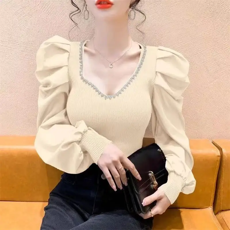 

2025 New Sexy V-Neck Blouse Puff Sleeve Female Clothing Stylish Knitted Patchwork Spring Autumn 4 Colors Commute All-match Shirt