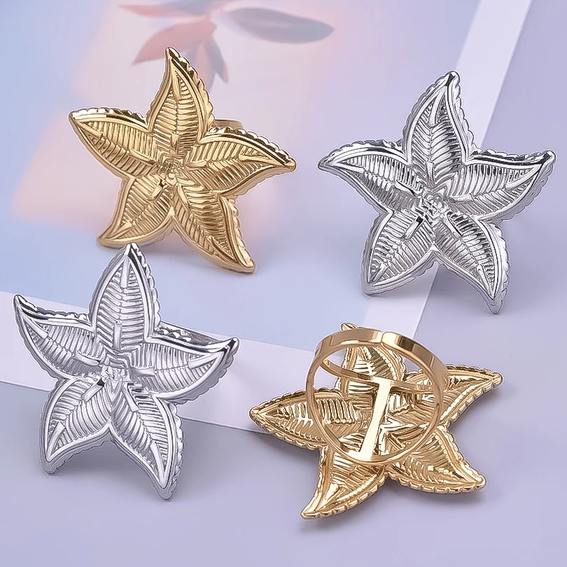 

6pcs Ladies Stainless Steel Starfish Ring Simple Fashionable Men Women Adjustable Opening Real Gold-Plated Ring Decoration Gift