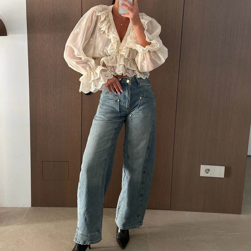 Elegant Long Sleeve Solid Embroidery Blouse Temperament Casual Loose Lace-up Lady Top French Style V-neck Chiffon Ruffles Shirts