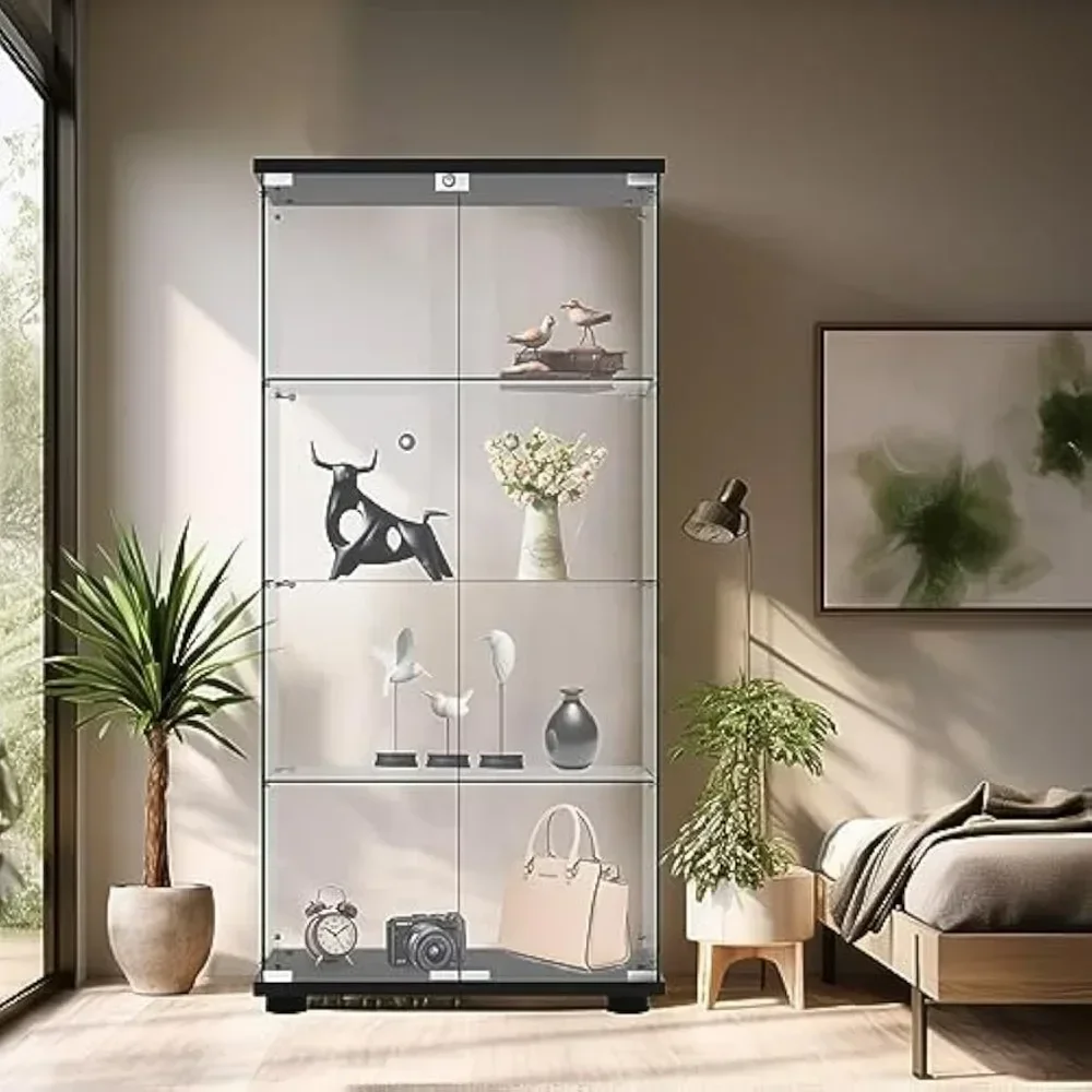 Display Cabinet, 4-Shelf Fast Installation in 30 Mins Curio Cabinets with 5mm Tempered Glass Floor Standing Bookshelf