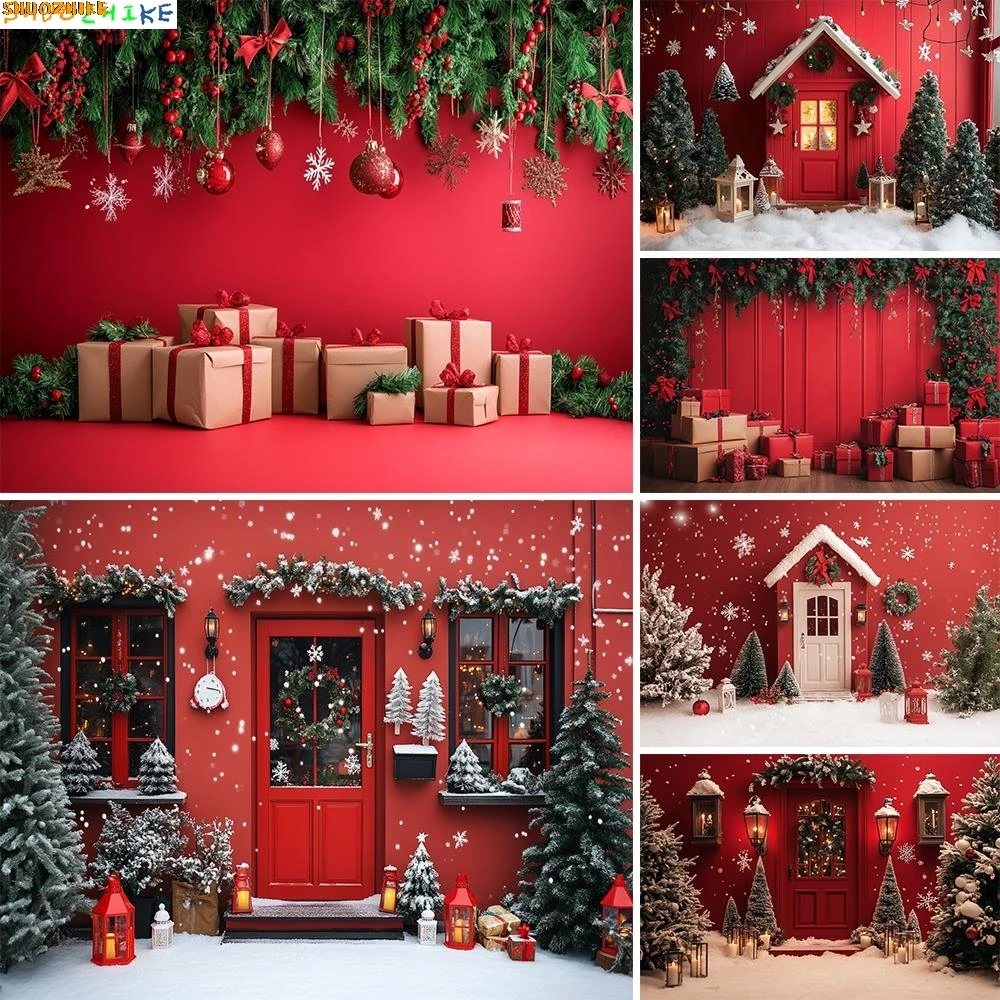 

Red Christmas Photography Backdrop European Vintage Interior Fireplace Xmas Tree Holiday Party Decor Background Festive Portrait