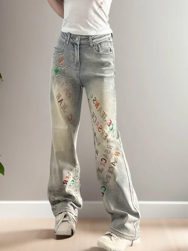 

Waed Denim High Waist Straight Leg Wide Leg Pants Embroidered Slimming Women's Spring Faion Casual Jeans High-End Feeling