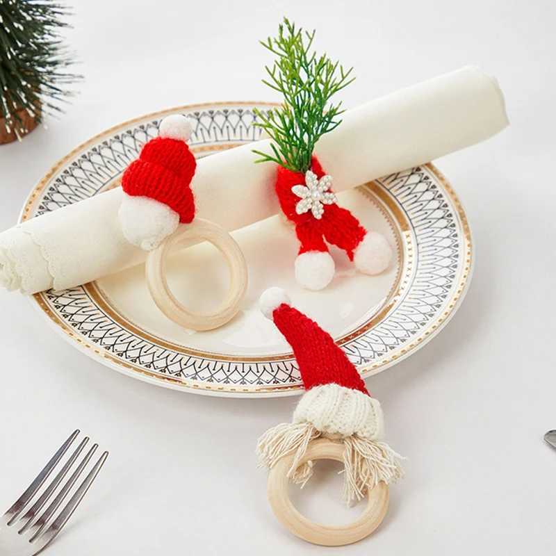 6Pcs Pinecone Napkin Buckles With Gold Bead, Christmas Napkin Holders With Berry And Pine Needles For Dinner Table