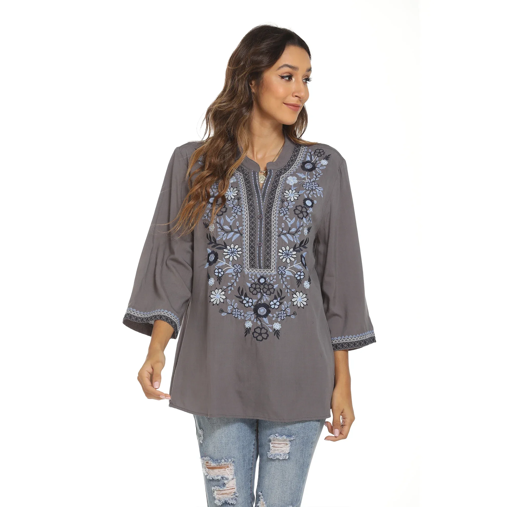 Eaeovni Bohemian Embroidered Tops For Women Cotton Peasant Shirts Boho Embroidered Loose Blouse