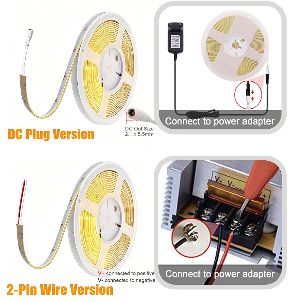 Thin 2mm Lighting COB LED Strip Light 12V 24V 480 LEDs 2Pin Wire Connector/DC Plug High Brightness Warm Natural White Warm White