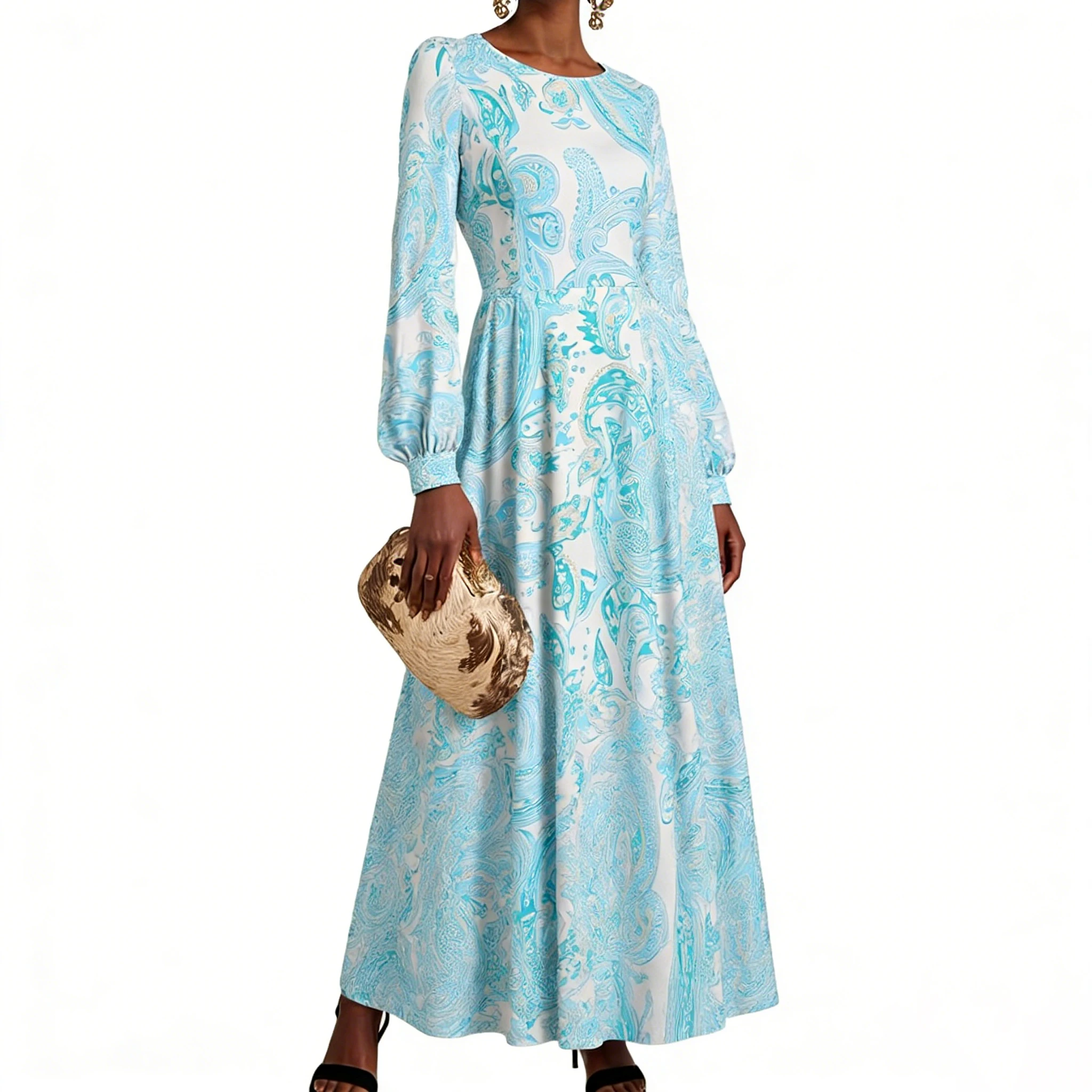 Damen-Midikleid mit langen Ärmeln, Rundhalsausschnitt, lockere Passform, lässig, bedruckt, für Frühling und Herbst, Alltagskleidung, A-Linien-Kleider