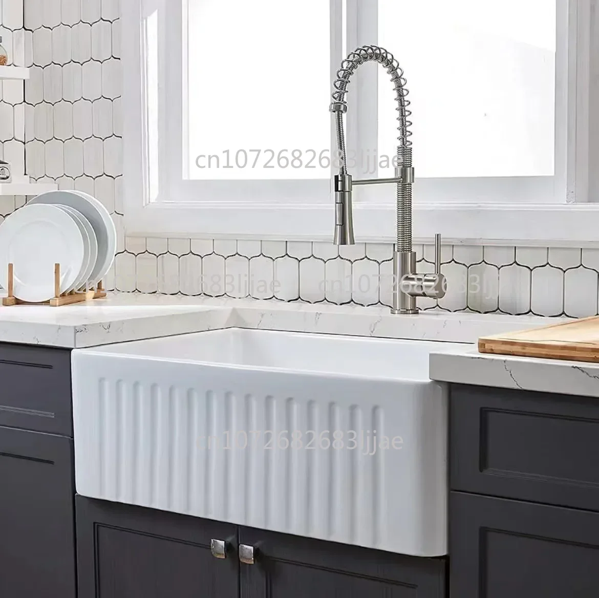 American kitchen front semi-embedded ceramic sink dish basin large ultra-deep rectangular basin under the balcony