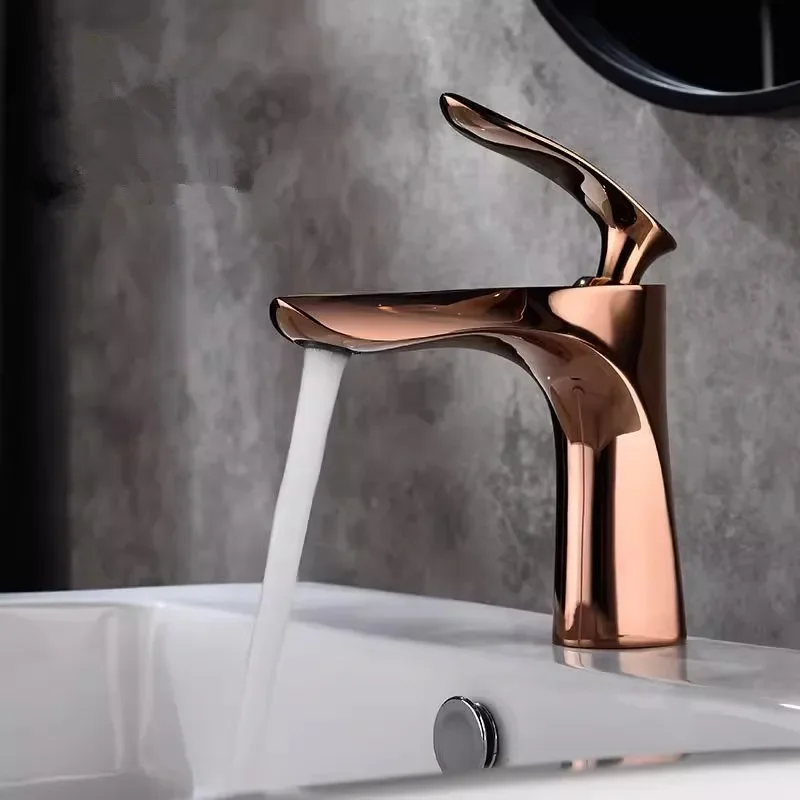 

Rose Gold Bathroom Faucets Brief Basin Sink Mixer Tap Hot & Cold Deck Mounted Lavatory Crane Water