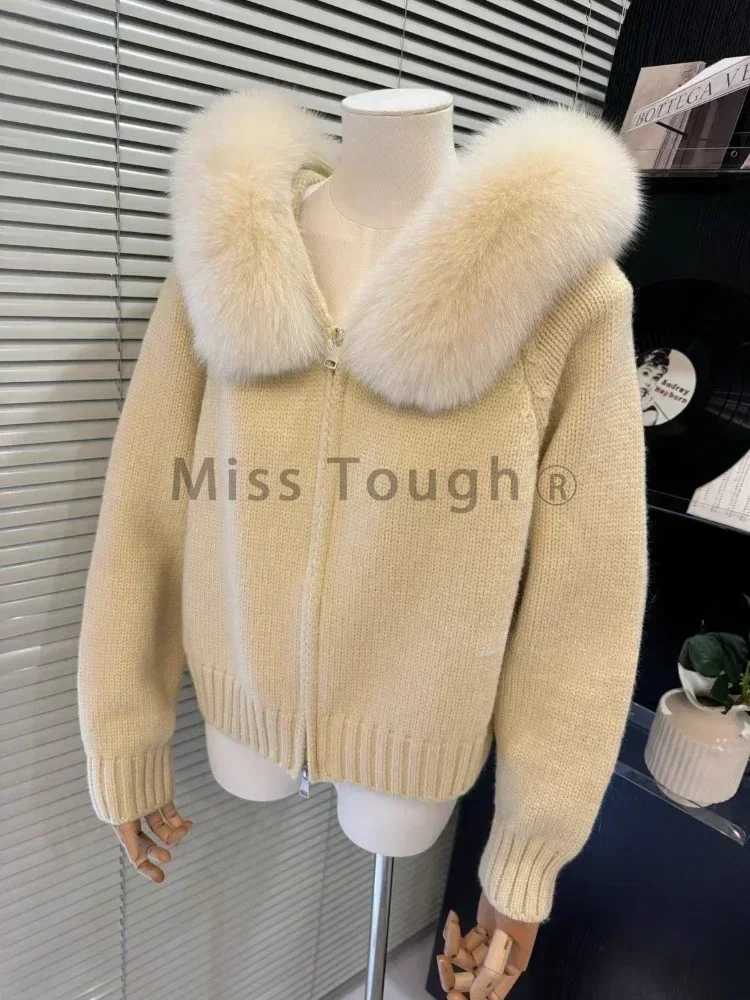 Winter Korean Fashion Causal Hooded Knitted Cardigan Commute Loose Fur Collar Solid Coat Zipper Design Women Cardigan 2024 New