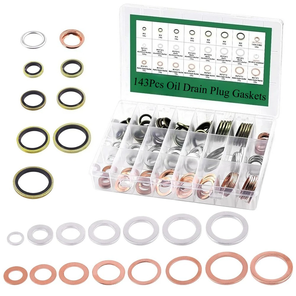 

143Pcs Aluminum Copper Rubber Oil Drain Plug Gaskets Washer Assortment Set N0138157 Oil Crush Washers Seals Kit for Automotive