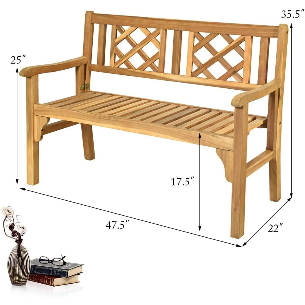 Dobrável Acacia Wood Garden Bench, Banco de madeira do pátio, Loveseat exterior com encosto curvo, Mobília da varanda, 4 ft