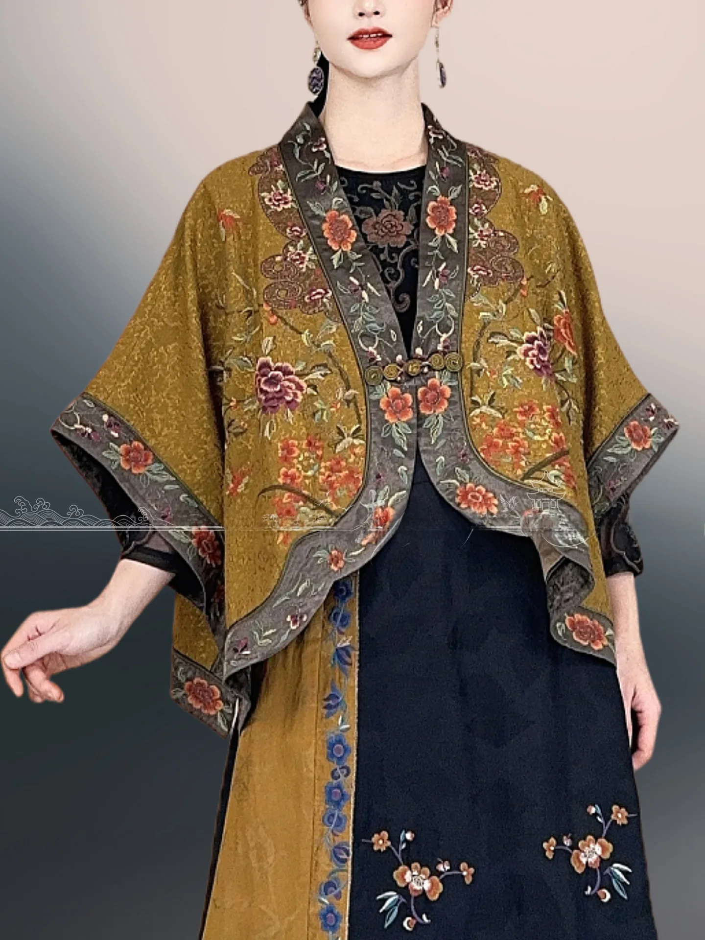 

Heavy Embroidery Ethnic Sle Women's Jaet oulder Drape Outerwear awl Floral Patterned Loose Fit Regular Sve Length