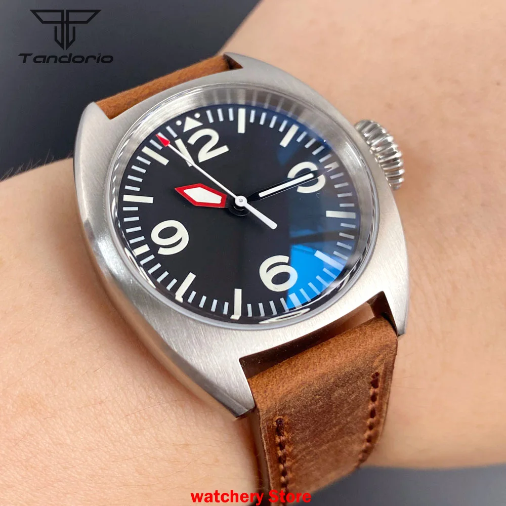 Reloj de pulsera automático Tandorio36mm Pilot NH35A/PT5000 personalizado, reloj de acero resistente al agua de 200M, correa de gofre de cristal de zafiro con cúpula AR