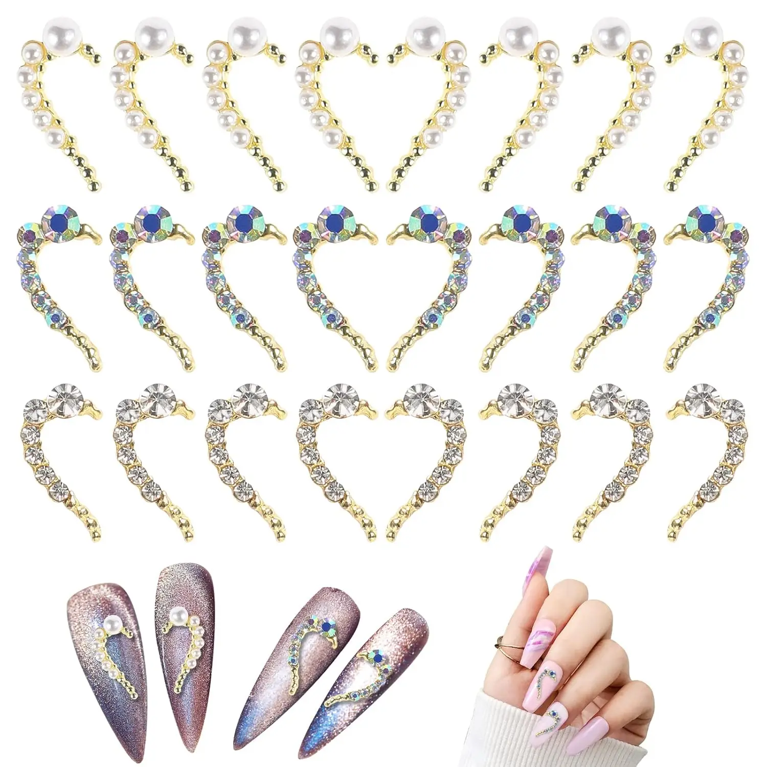 

30PCS Heart-Shaped Nail Art Accessories, Valentine's Day Heart-Shaped Nail Rhinestones & Pearls, Perfect for DIY Nail Art