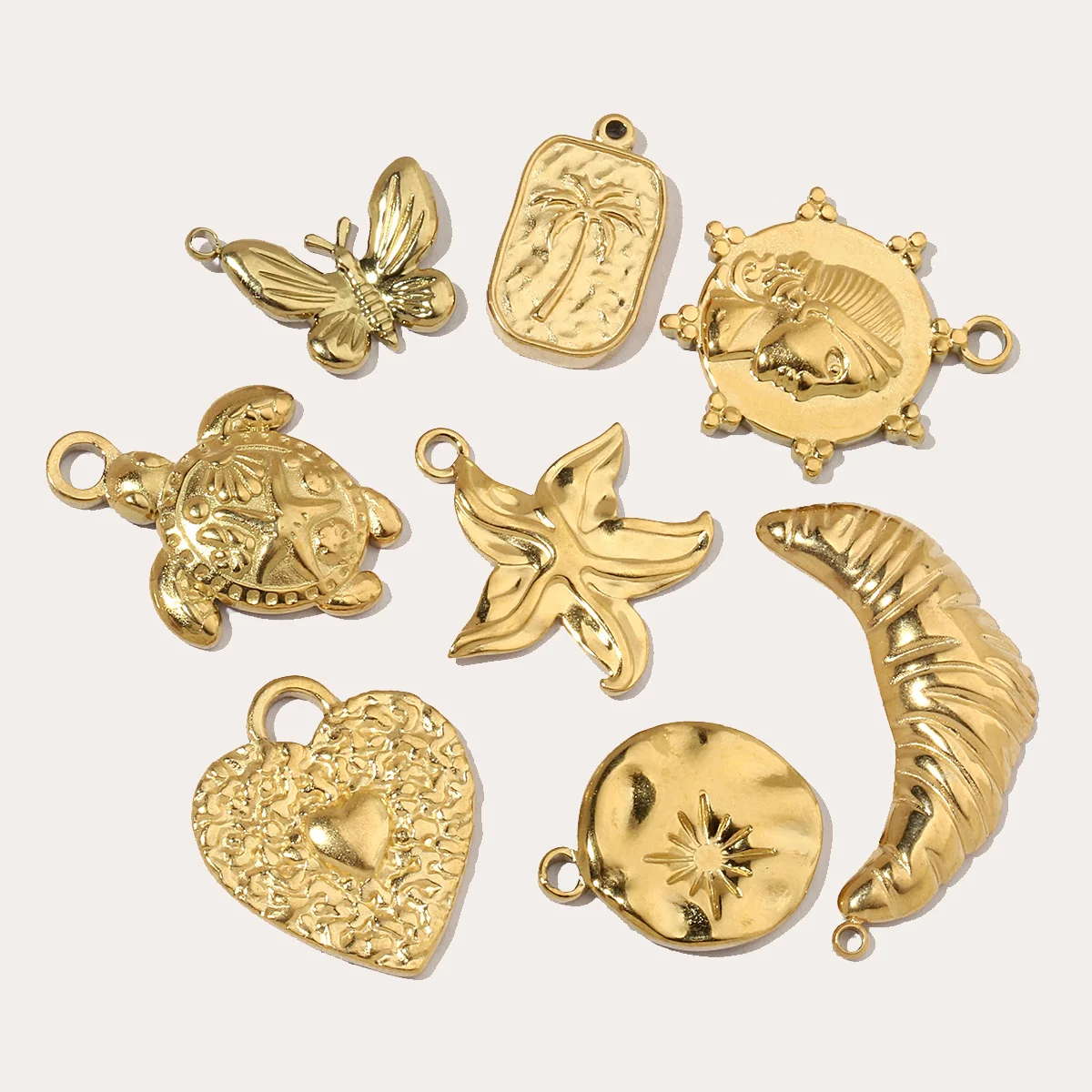 3pcs/Lot French Antique Coin Sun Stainless Steel Diy Charms Women Heart Butterfly Earring Necklace Pendant Croissant Jewelry