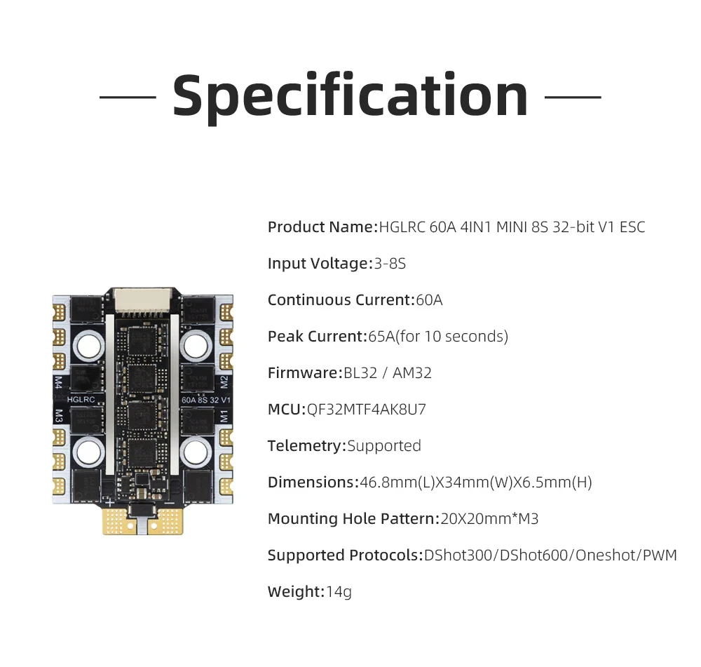 HGLRC 60A 4IN1 MINI 8S ESC 32Bit High Current Burst for FPV Racing Quadcopter
