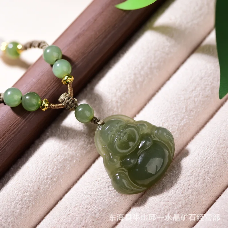 Natural Hetian Jade Laughing Buddha Pendant Chinese Traditional Good Luck Wealth Blessing Adjustable Braided Necklace Unisex Amu view 2