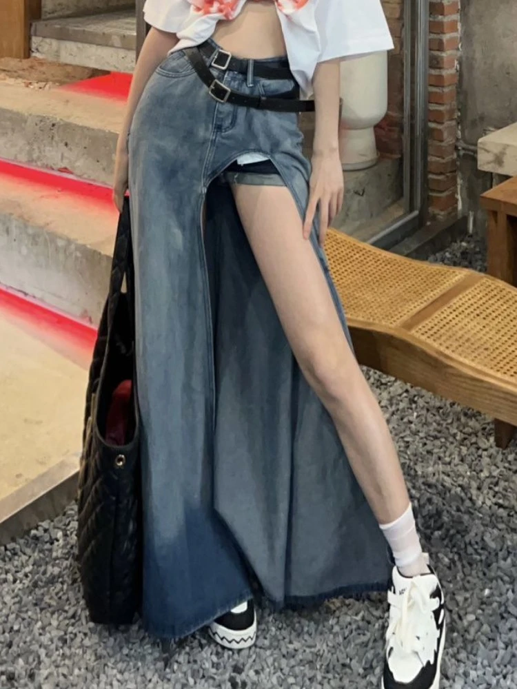 ADAgirl Y2k Blue Denim Split Skirt Women Irregular Gradient High Waist Long Skirts American Retro Streetwear Design Skirt Summer