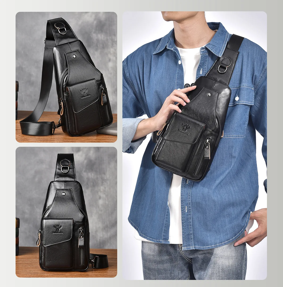 

Мужская кожаная водонепроницаемая нагрудная сумка, сумка через плечо, деловой нагрудный рюкзак большой вместимости, мужской ретро-стиль