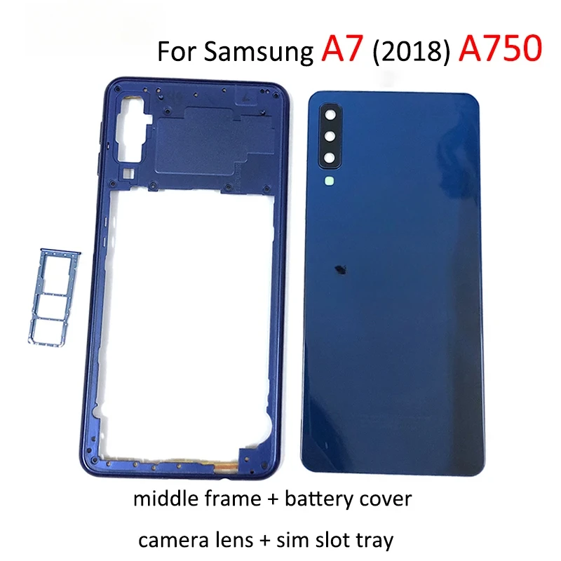 For Samsung Galaxy A750 A7 2018 SM-A750F A750F Phone Housing Middle Frame cover Battery Back Glass Sim Card Tray Holder