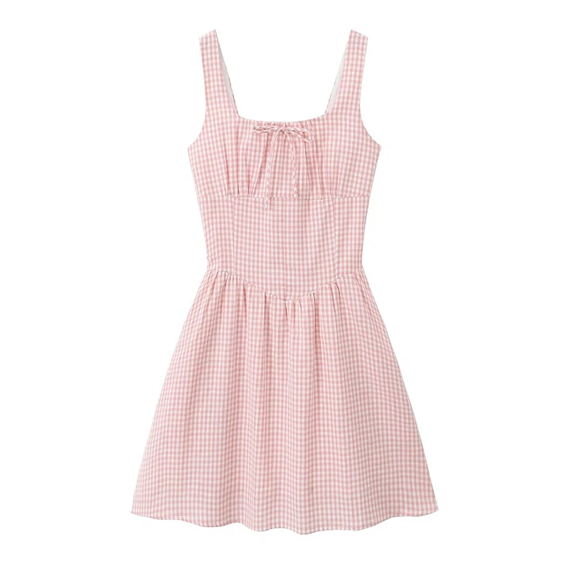 

New Women French Pink Plaid Sleeveless Tank Dresses Low Waist Female Holiday Summer Casual Dress Short Robe White