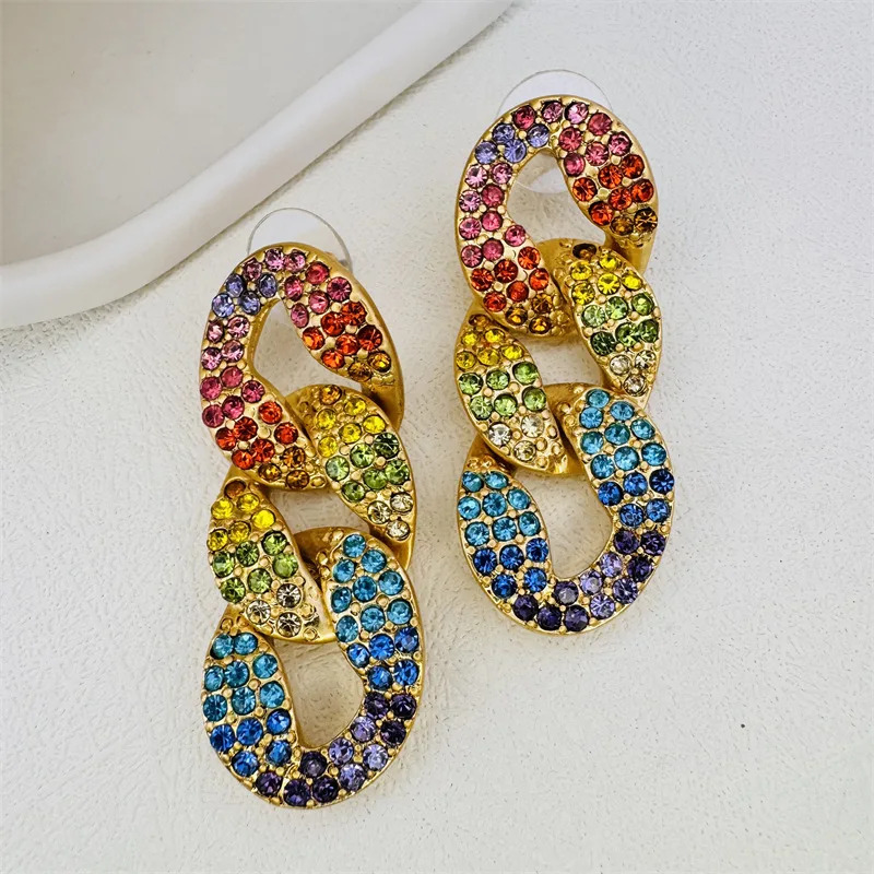 Os Rainbow Crystal Paved Chain Link Earrings,Gold-plated Triple Interlocked Cuban Chain Dangle Design, Party Ear Jewelry for Her