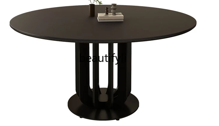 Italian minimalist light luxury slate dining table modern simple built-in turntable household round dining table and chairs