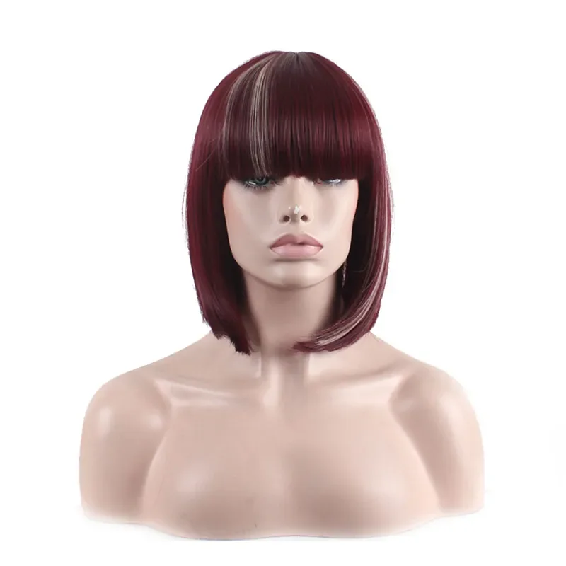 

short straight synthetic wig burgundy bob wigs with bangs shoulder-length full heat resistant fiber wig women top q