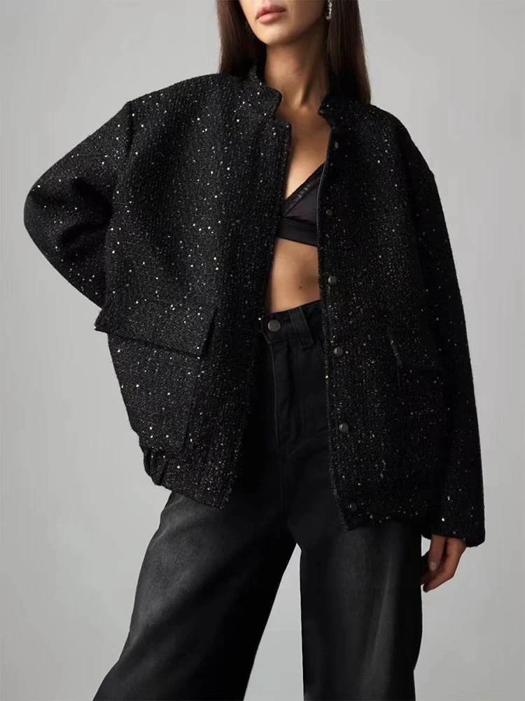 Fashion Sequins Women Jacket Spring Fall Stand Collar Long Sleeve Bomber Jacket Black Elegant Office Lady Button Casual Coats