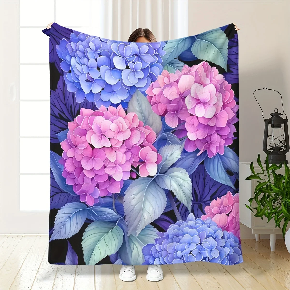 Digital Embroidered Hydrangea Floral Print Fleece Blanket, Soft Warm Throw for Sofa, Machine Washable