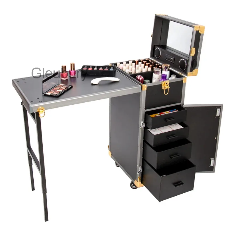 Black Cosmetic Workstation Folding Rolling Portable Case Nail Tech Tables Manicure