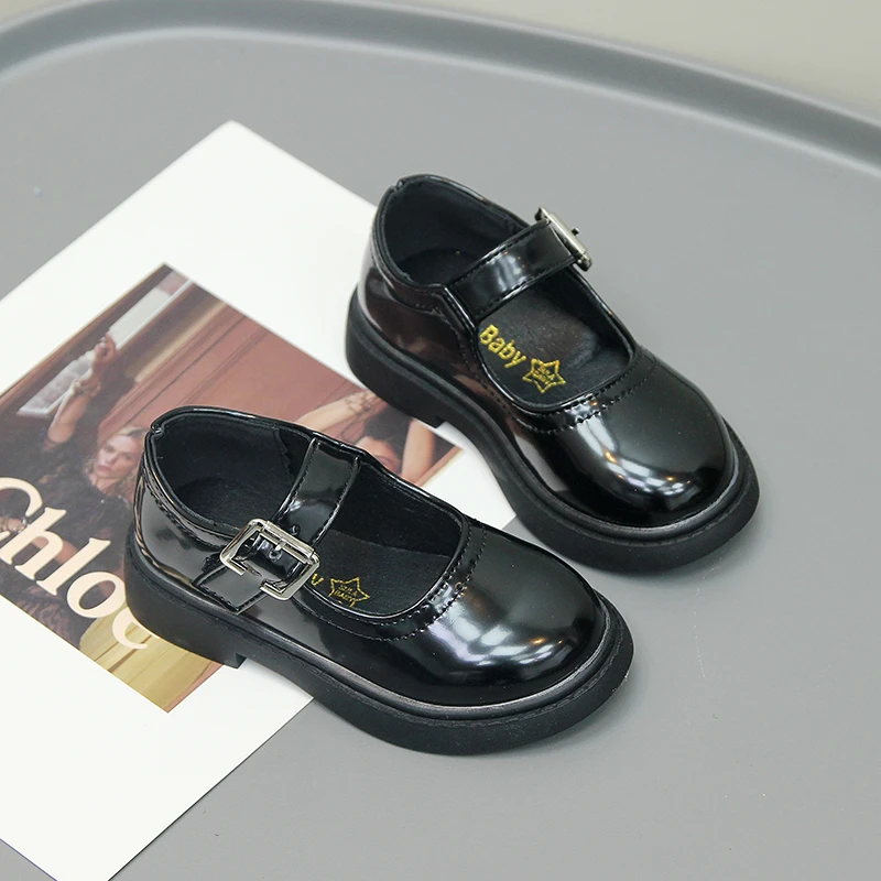 Children Leather Shoes for Girls Glossy Simple Versatile UK Uniform School Shoes Kids Fashion Shallow Loafer Black Non-slip 2023