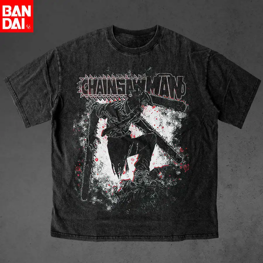 

Винтажная футболка с эффектом потертости Makima, мужская, с аниме-графикой Chainsaw Man, уличная одежда в стиле Харадзюку, хлопковая, оверсайз, с коротким рукавом
