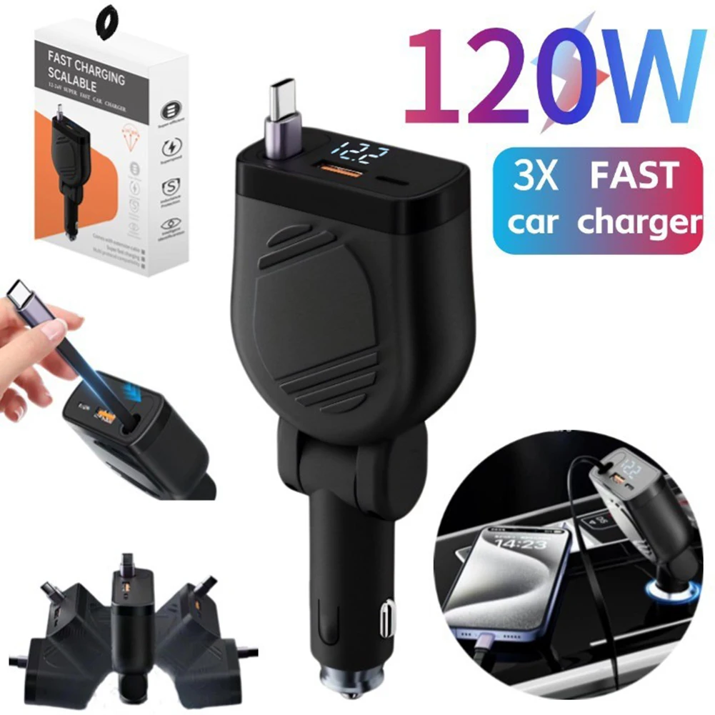 

4-in-1 120w Super Fast Charging Car Charger With Retractable Cable Four-in-one Fast Charging For QC3.0