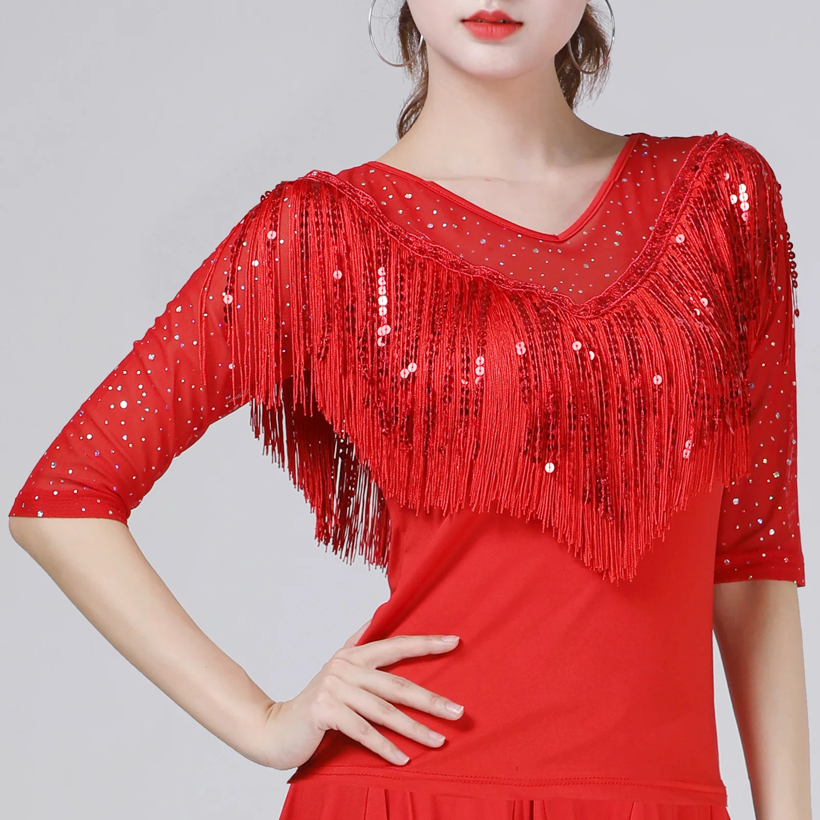 

Women Jazz Professional Dress Half Sleeve Tassels Blouses Pullover Shirt Top for Latin Tango Modern Dance Performance Competiton