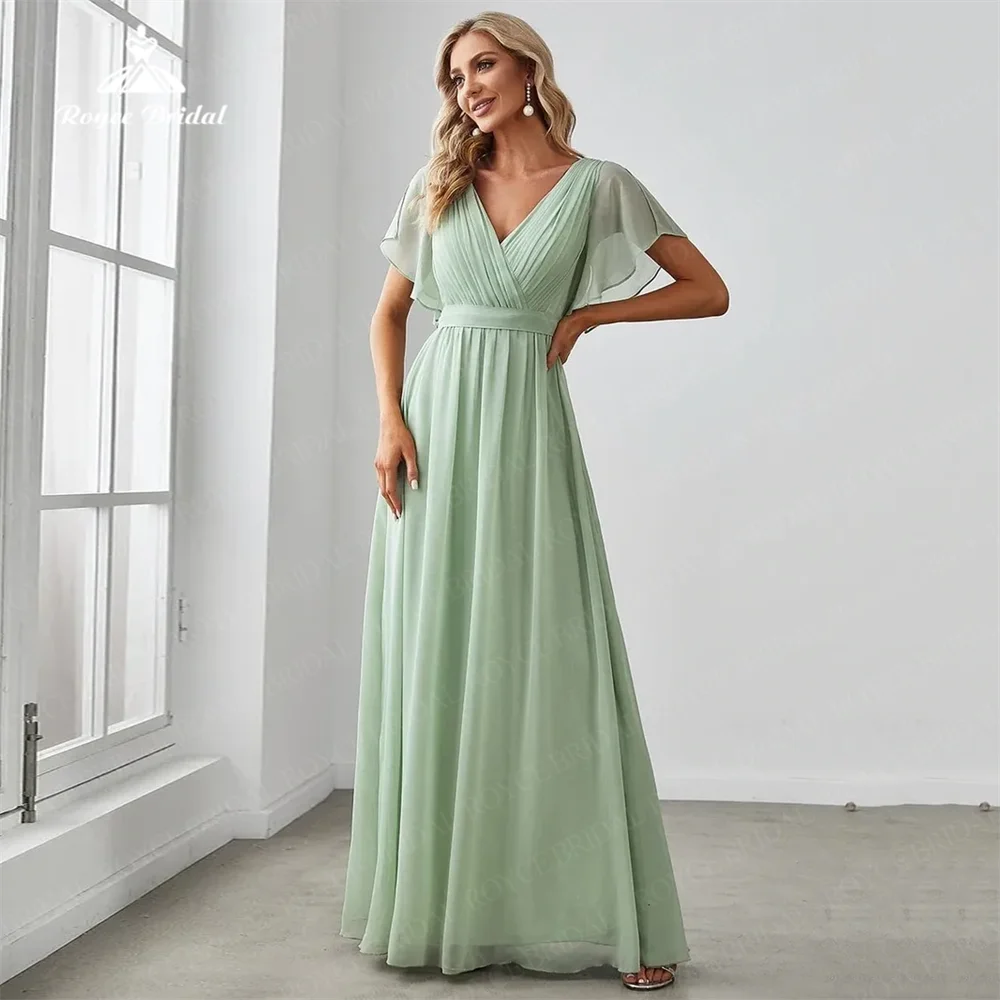 

Charming A Line Formal Dress Chiffon V Neck Short Sleeves Tiered Ruffle Customize Bridesmaid Prom Gowns vestidos de festa