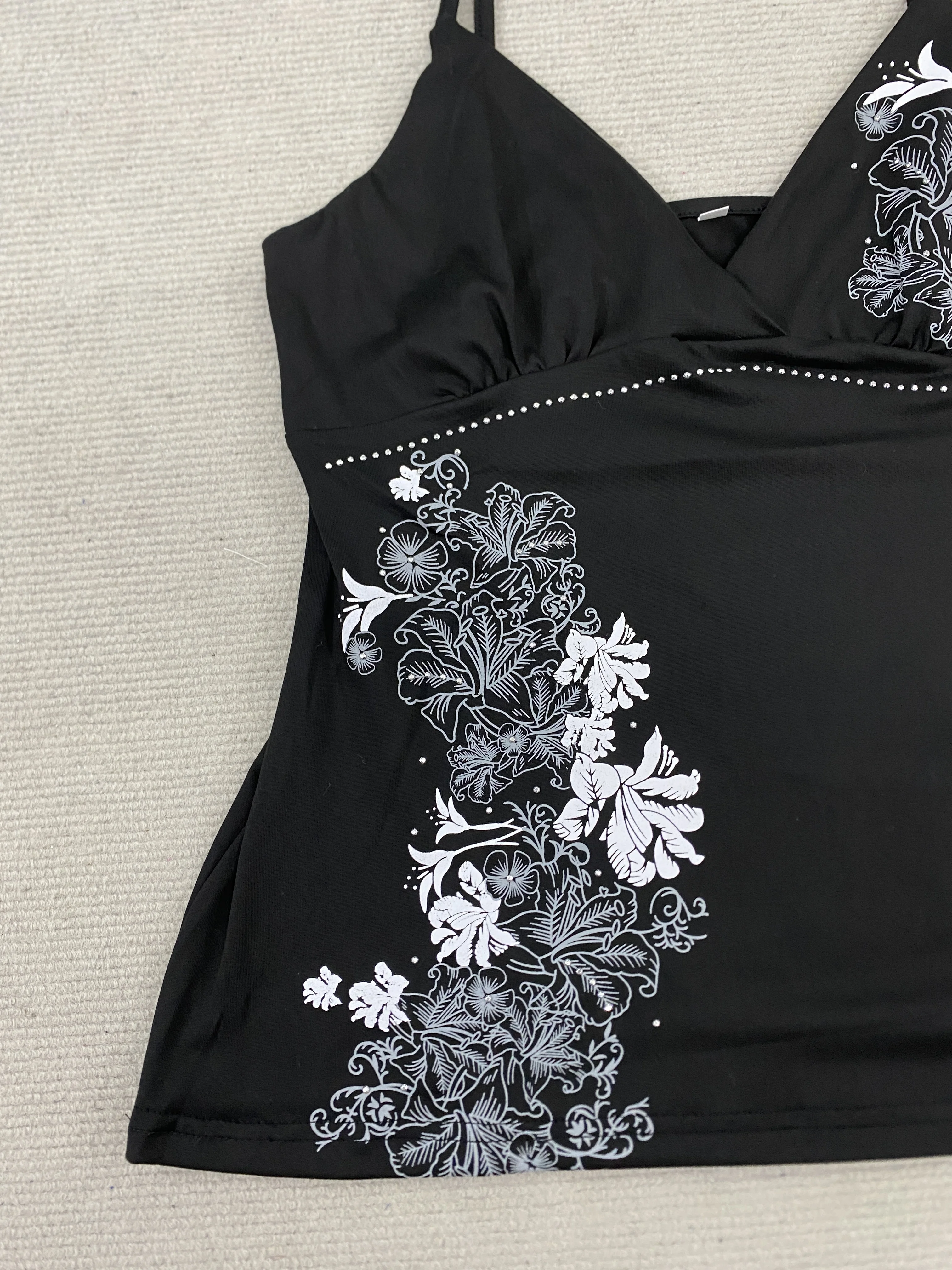 Vintage Retro Damen-Trägertop mit Schlanker Taille, Strass-Verzierung und Bedrucktem Muster, Sexy Sommer-Oberteil für Frauen – Detail 4