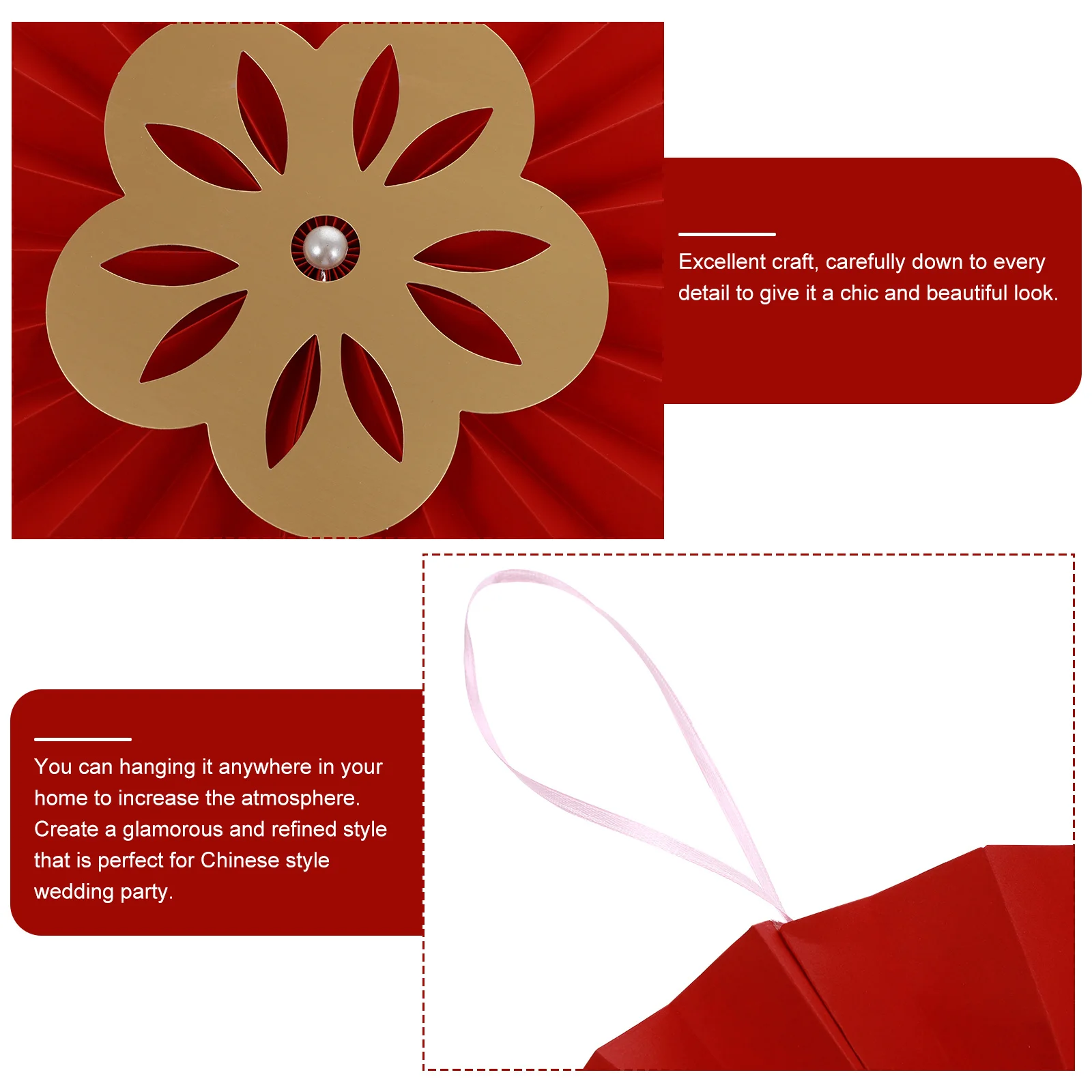 

6Pcs Red Paper Fan Flower Set Chic Wedding Party Decoration Chinese Style Hanging Fan Flowers Wedding Ornament