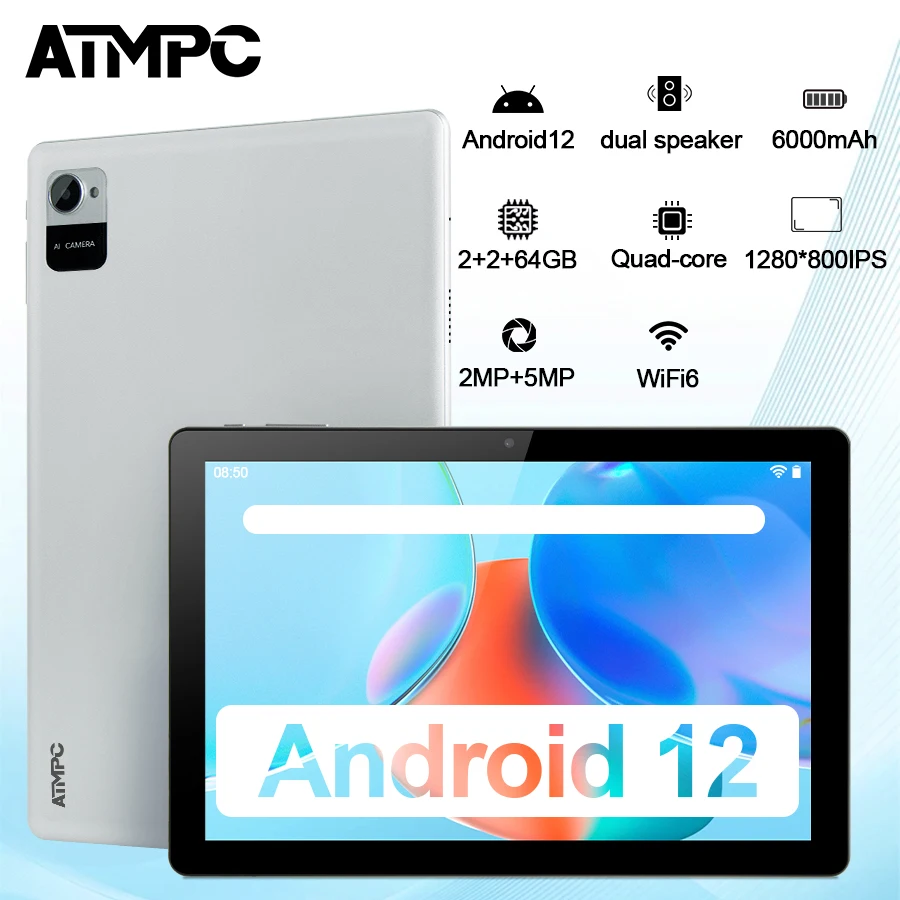 ATMPC 10,1 pollici, tablet Android 12, 6 (2+4) GB RAM+32/64 GB ROM, schermo IPS 1280*800, quad core, 6000 mAh, WIFI 6, BT5.2 PC da tavolo