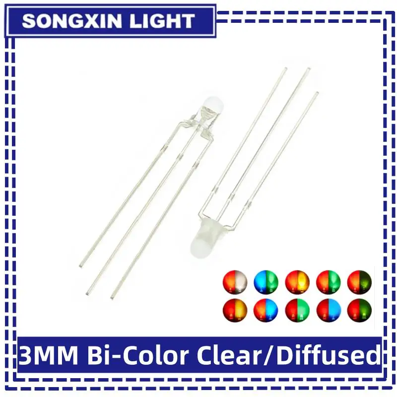 50pcs 3mm Round Clear/Fog LED Bicolor Lamp F3 Common Anode/Cathode LED 3 Pins Light Emitting Diode Red&Yellow Blue&Green