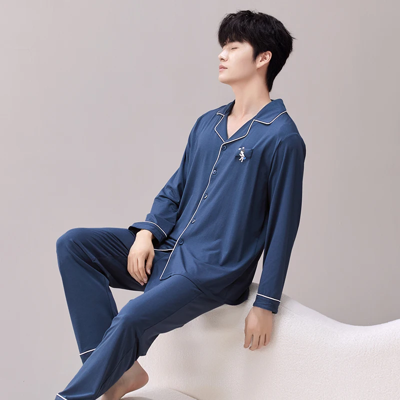 Winter Pajamas Set Men Button-Down Warm Pijamas Hombre Cotton Sleepwear Homeclothes PJ Blue Pyjama 2024 New