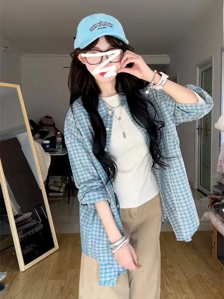 

Ретро-американская синяя клетчатая женская рубашка с длинными рукавами, тонкая верхняя одежда для весны и осени, свободный крой в корейском стиле, на пуговицах