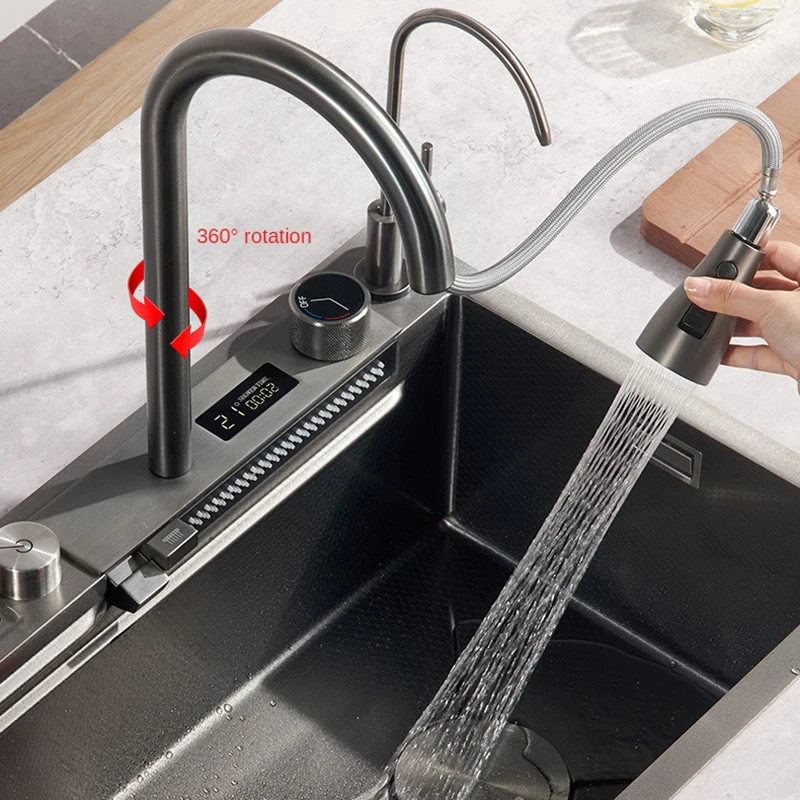 304 Stainless Steel Kitchen Sink Digital Display Honeycomb Nano Large Single Slot Knife Holder Waterfall Vegetable Washing Basin