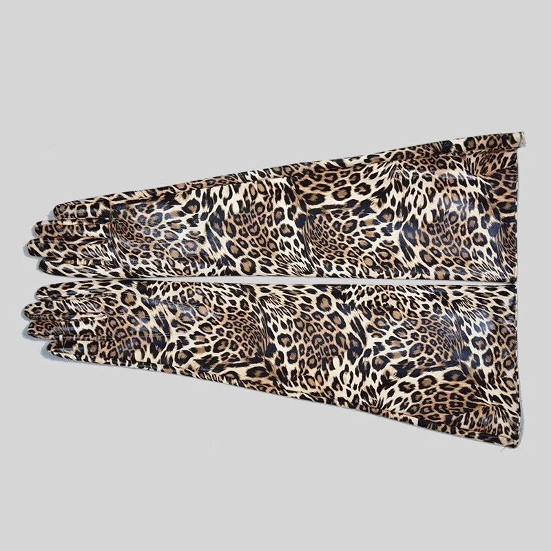 Women's Runway Fashion Leopard PU Leather Long Glove Lady's Club Performance Formal Party Dancing Glove 50cm R1716