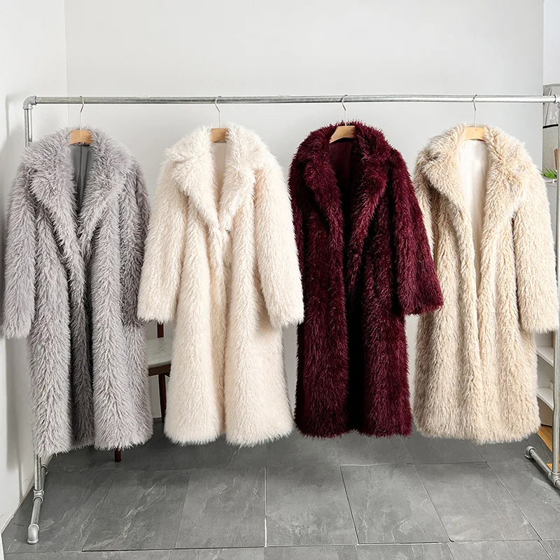 Lapel Long Faux Fur Coat Women Winter Plush Jacket Warm Long Sleeves Streetwear Artificial Fluffy Coat 2024 New Teddy Overcoat