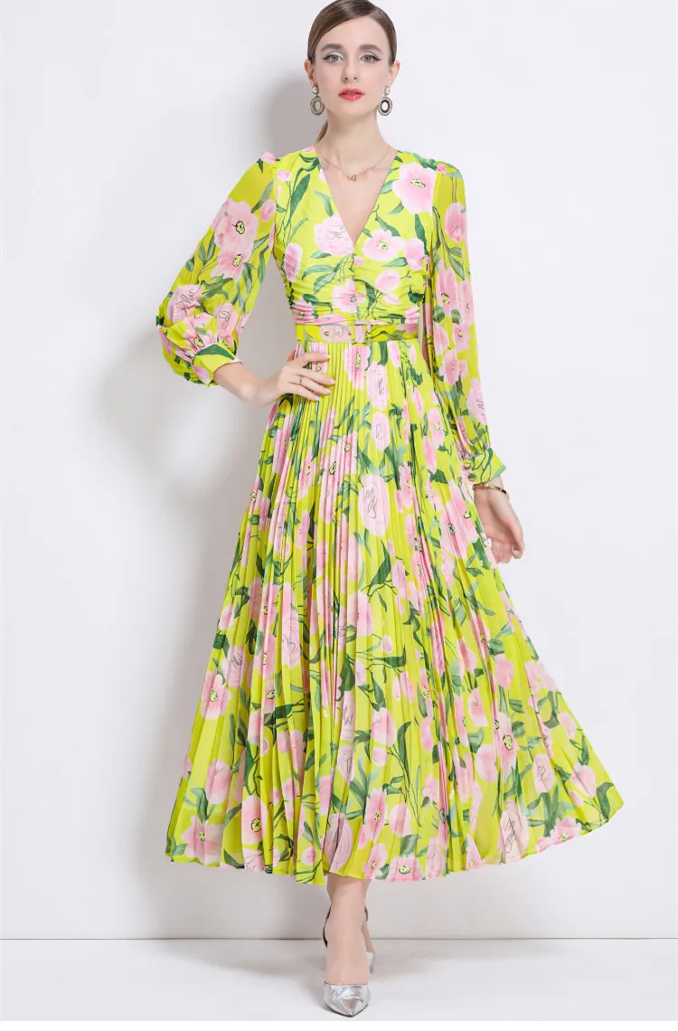

Vacation Style Floral Print Chiffon Long Dress For Women Sexy Deep V Neck Lantern Sleeve Slim Pleated Party Dress Robes Femme