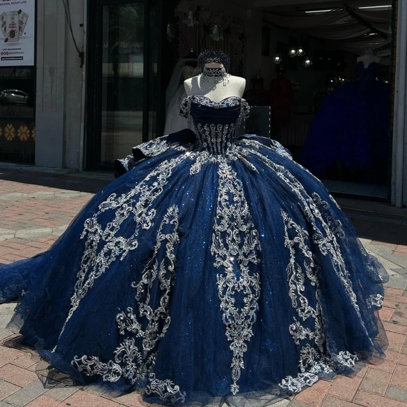 

Navy Blue Shiny Quinceanera Dresses Off The Shoulder Applique Lace Beading Crystal Tull Party Birthday Sweet 16 Dress Vestidos