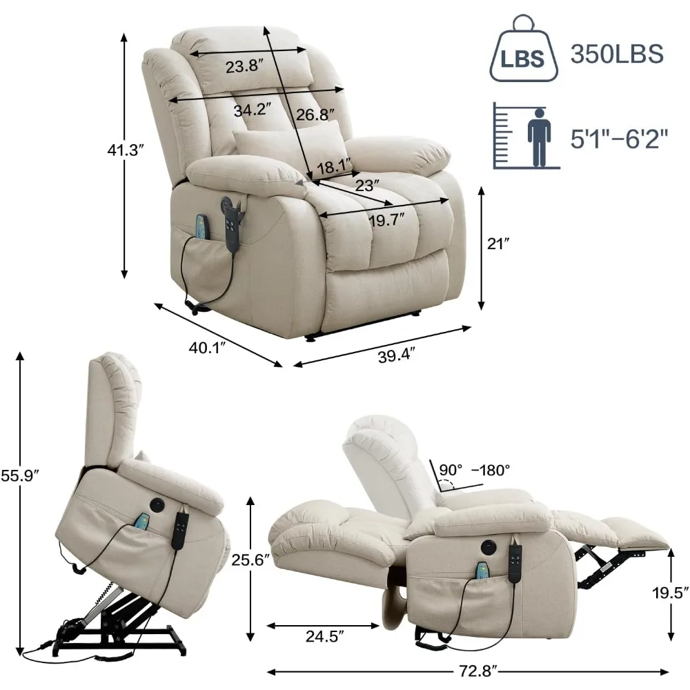 Dual Motor Power Lift Chair Lay Flat Recliner Linen Sleeper Chair with Heat andMassage,Remote Control  Lumbar Pillow for Elderly