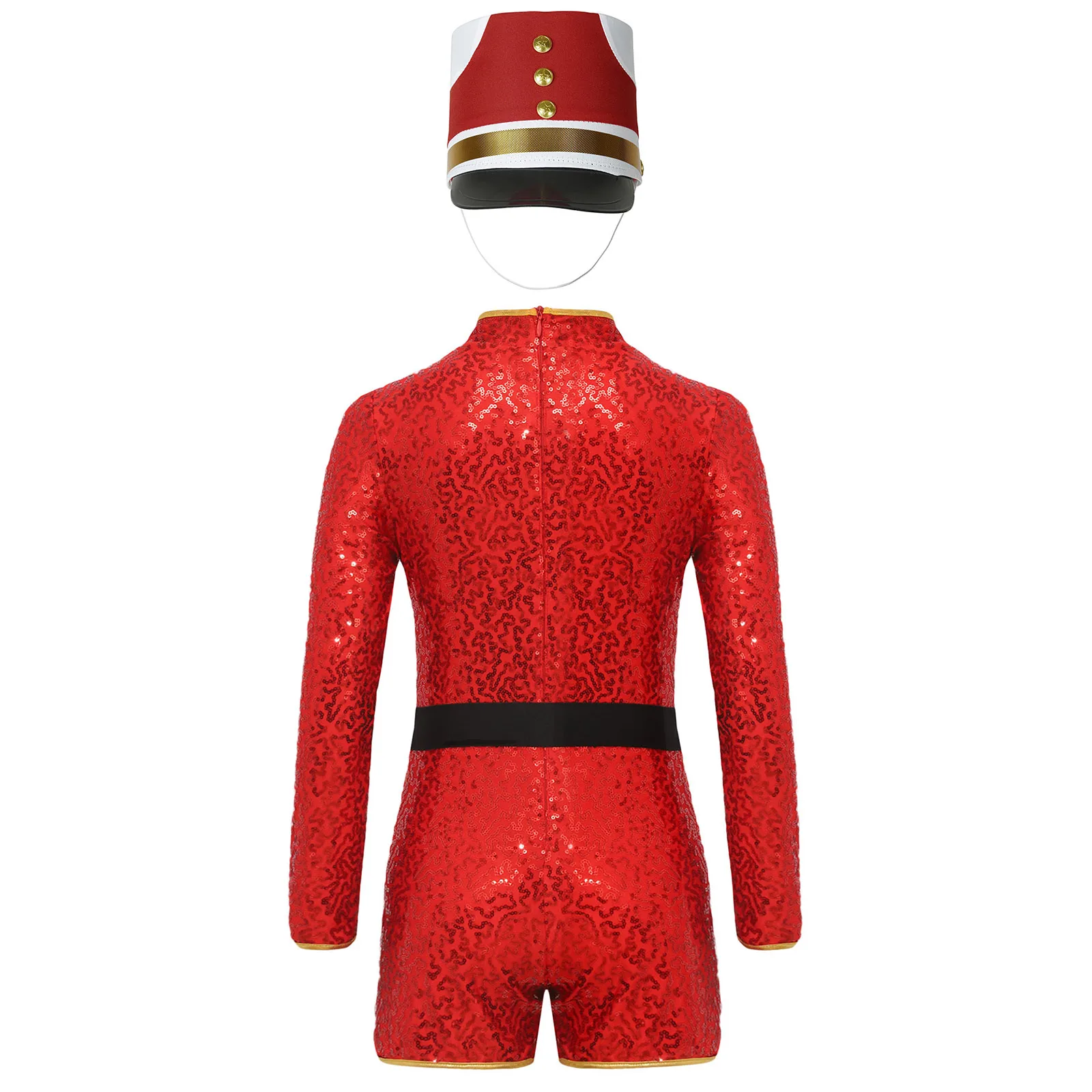 Kids Girls Circus Ringmaster Cosplay Costume Jumpsuit Drum Marching Band Uniform Lion Tamer Long Sleeve Sequins Leotard Bodysuit