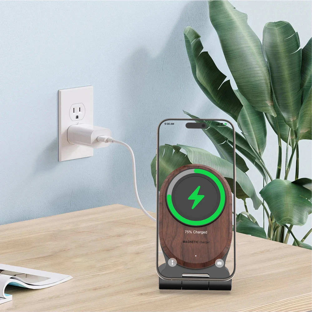 Eco-friendly wholesale Phone Accessories 15W fast Walnut wood wireless magnetic charger with folding metal Stand